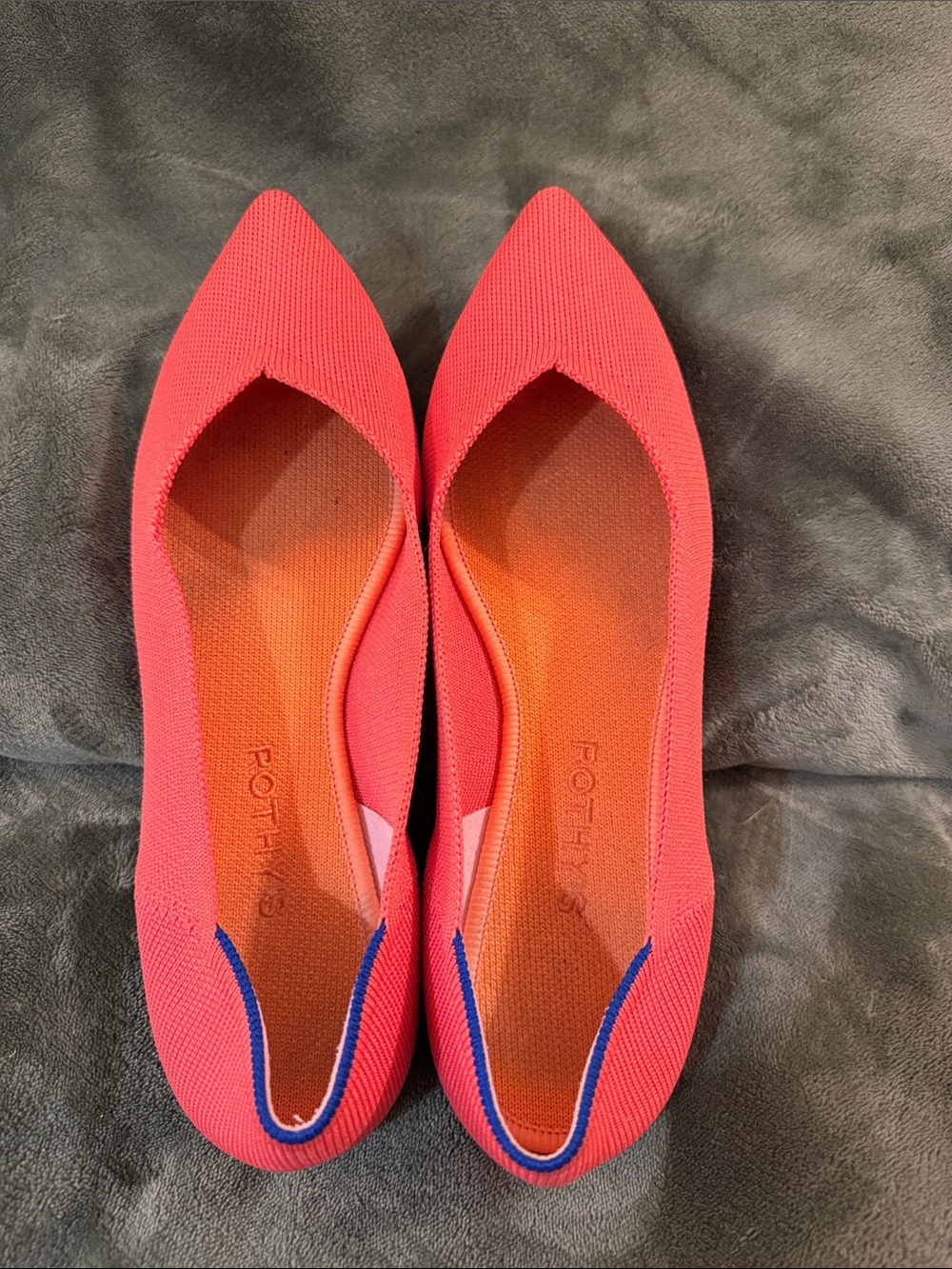 Rothy's Coral Knit Pointed Flat with Blue Trim